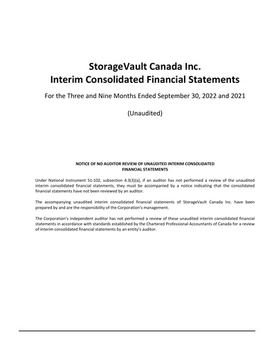 Miniature StorageVault Canada Rapport trimestriel 2022-q3