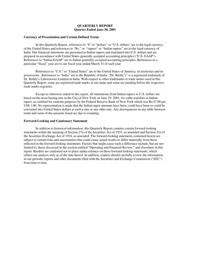 Thumbnail Dr. Reddy's Laboratories Quarterly Report 2001-2002-q1
