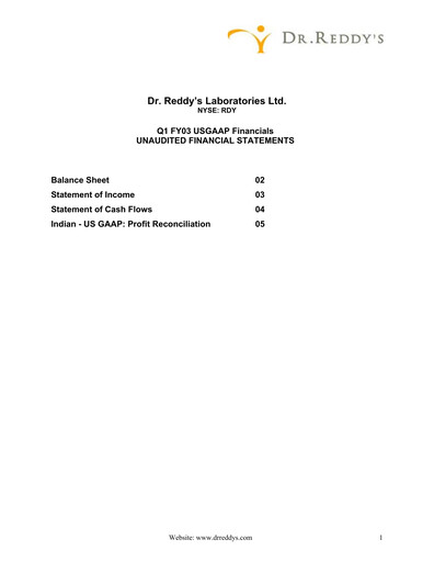 Thumbnail Dr. Reddy's Laboratories Quarterly Report 2002-2003-q1