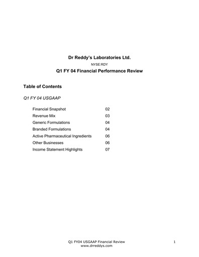 Thumbnail Dr. Reddy's Laboratories Quarterly Report 2003-2004-q1