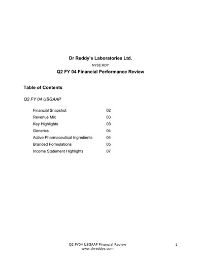 Thumbnail Dr. Reddy's Laboratories Quarterly Report 2003-2004-q2