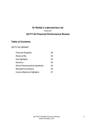 Thumbnail Dr. Reddy's Laboratories Quarterly Report 2003-2004-q3