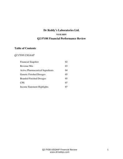 Thumbnail Dr. Reddy's Laboratories Quarterly Report 2007-2008-q2