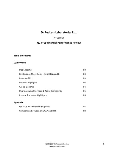 Thumbnail Dr. Reddy's Laboratories Quarterly Report 2008-2009-q2