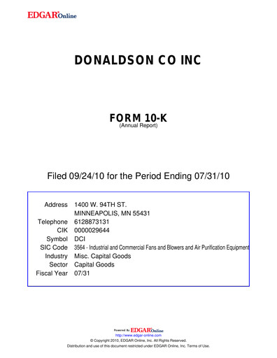 Thumbnail Donaldson Company Annual Report fy2010