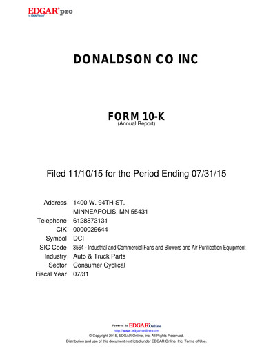 Thumbnail Donaldson Company Annual Report fy2015