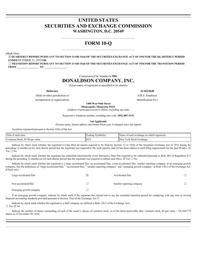 Thumbnail Donaldson Company Quarterly Report fy2020-q1