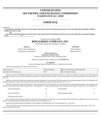 Thumbnail Donaldson Company Quarterly Report fy2020-q2