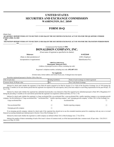 Thumbnail Donaldson Company Quarterly Report fy2020-q3
