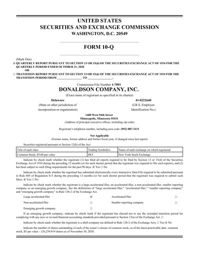 Thumbnail Donaldson Company Quarterly Report fy2021-q1
