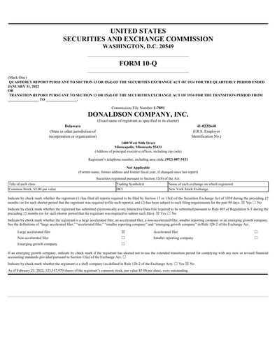 Thumbnail Donaldson Company Quarterly Report fy2022-q2