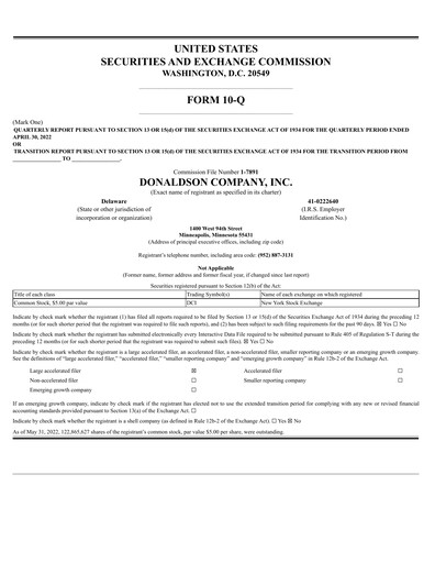 Thumbnail Donaldson Company Quarterly Report fy2022-q3
