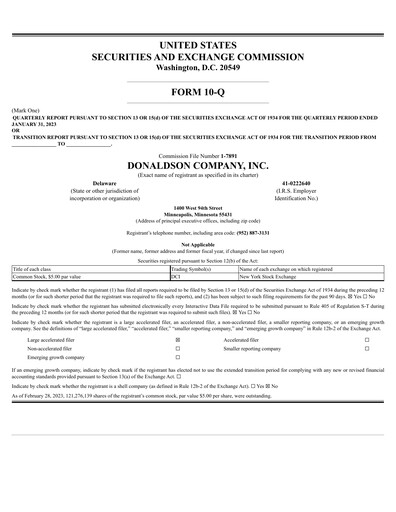 Thumbnail Donaldson Company Quarterly Report fy2023-q2