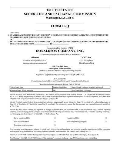 Thumbnail Donaldson Company Quarterly Report fy2026-q2