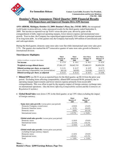 Thumbnail Domino's Pizza Quarterly Report 2009-q3