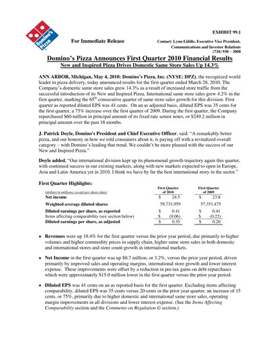 Thumbnail Domino's Pizza Quarterly Report 2010-q1