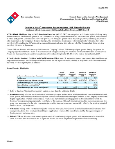 Thumbnail Domino's Pizza Quarterly Report 2015-q2