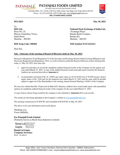 Thumbnail Patanjali Foods Financial Statement 2022-2023