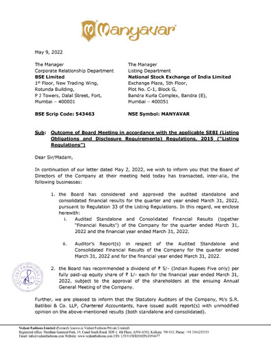Thumbnail Vedant Fashions Financial Statement 2021-2022