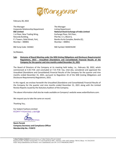 Thumbnail Vedant Fashions Quarterly Report 2021-q3