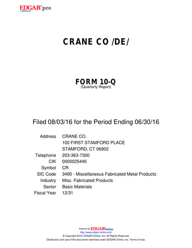 Thumbnail Crane Company Quarterly Report 2016-q2