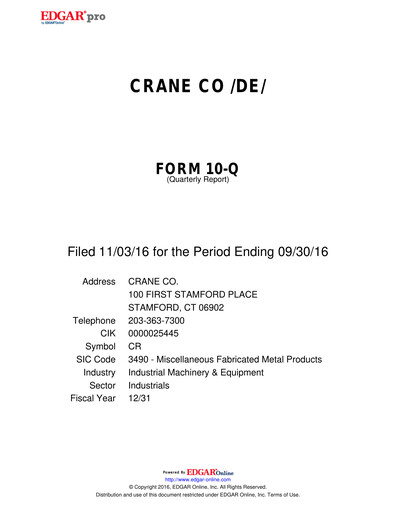Thumbnail Crane Company Quarterly Report 2016-q3