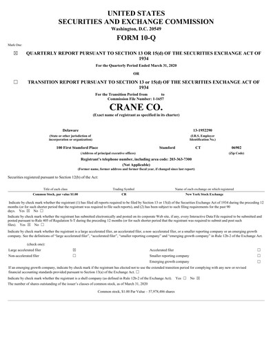 Thumbnail Crane Company Quarterly Report 2020-q1