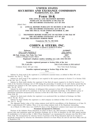 Thumbnail Cohen & Steers Financial Report 2005