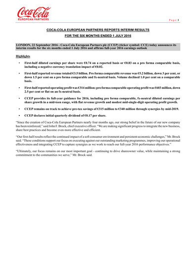 Miniature Coca-Cola European Partners
 Rapport semestriel 2016-h1