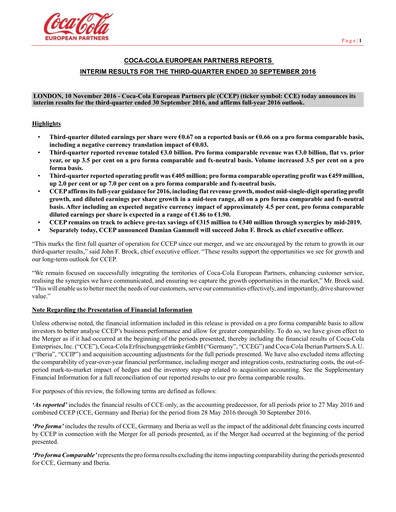 Miniature Coca-Cola European Partners
 Rapport trimestriel 2016-q3