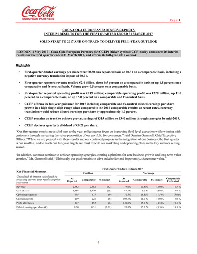 Miniature Coca-Cola European Partners
 Rapport trimestriel 2017-q1