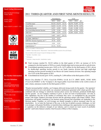 Thumbnail Coca-Cola FEMSA Quarterly Report 2011-q3