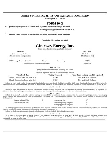 Miniature Clearway Energy
 Rapport trimestriel 2020-q1