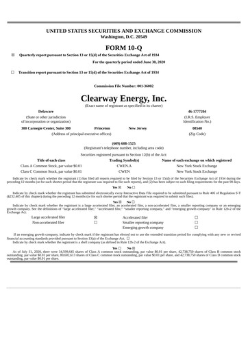 Miniature Clearway Energy
 Rapport trimestriel 2020-q2