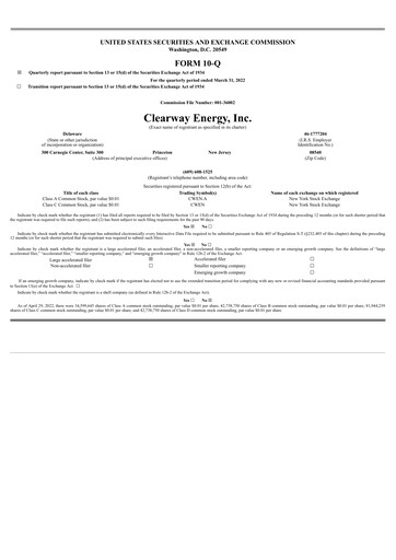 Miniature Clearway Energy
 Rapport trimestriel 2022-q1