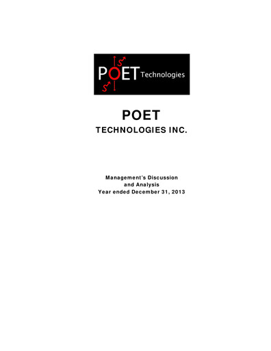 Miniature POET Technologies Rapport financier 2013