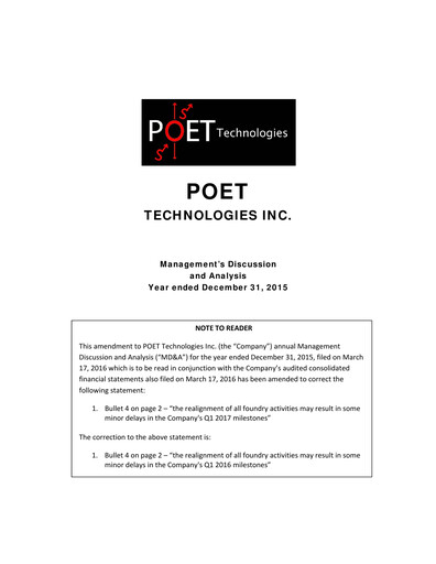 Miniature POET Technologies Rapport financier 2015