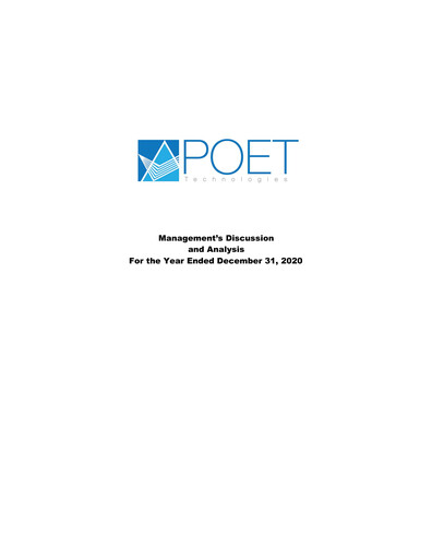 Miniature POET Technologies Rapport financier 2020