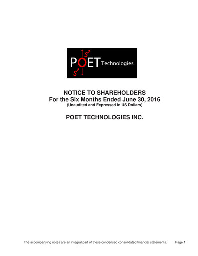 Miniature POET Technologies Rapport trimestriel 2016-q2