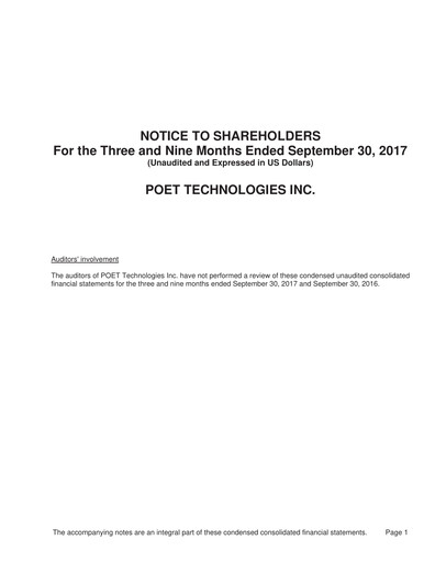 Miniature POET Technologies Rapport trimestriel 2017-q3