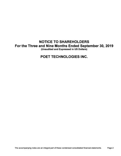 Miniature POET Technologies Rapport trimestriel 2019-q3