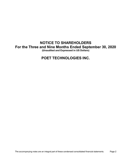 Miniature POET Technologies Rapport trimestriel 2020-q3