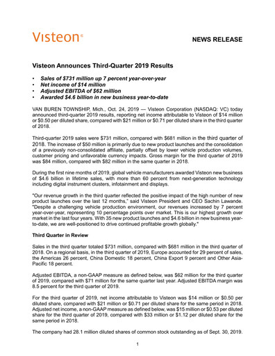 Thumbnail Visteon Quarterly Report 2019-q3