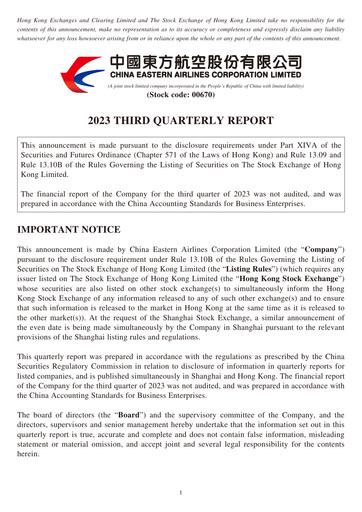 Thumbnail China Eastern Airlines
 Quarterly Report 2023-q3