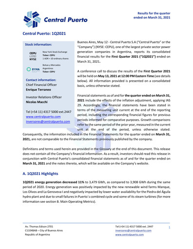 Thumbnail Central Puerto
 Quarterly Report 2021-q1