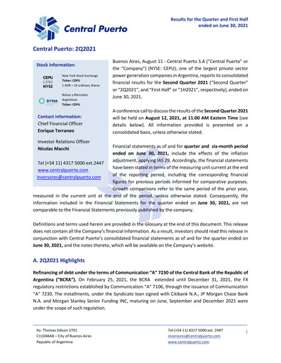 Thumbnail Central Puerto
 Quarterly Report 2021-q2