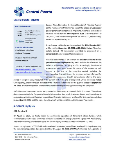 Thumbnail Central Puerto
 Quarterly Report 2021-q3