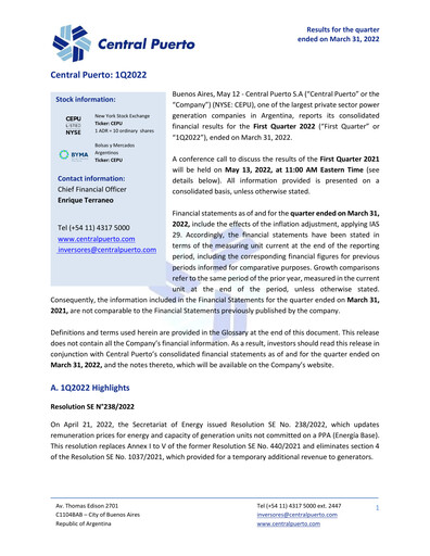 Thumbnail Central Puerto
 Quarterly Report 2022-q1