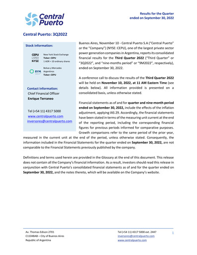 Thumbnail Central Puerto
 Quarterly Report 2022-q3