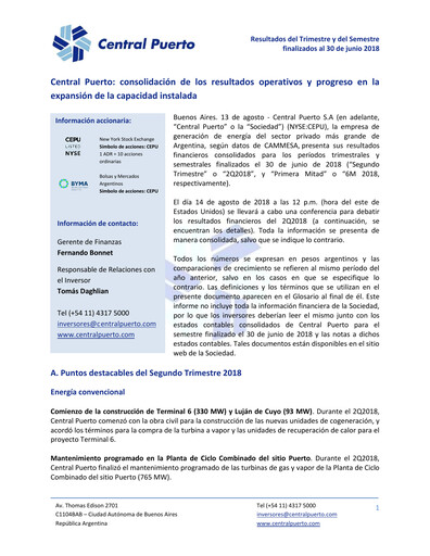 Thumbnail Central Puerto
 Quarterly Report 2018-q2